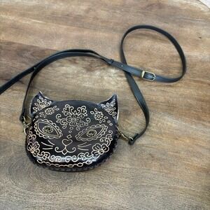 Genuine Leather Black Cat Purse Sugar Skull Crossbody Bag Embossed